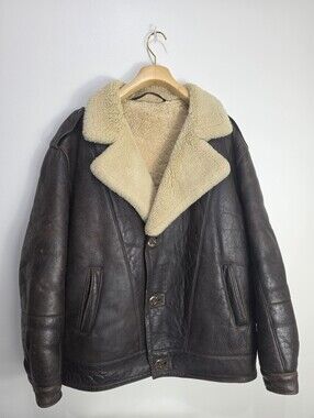 Vinrage 80s Polden Flying Men's Dark Brown Leather Shearling  Aviator Jacket